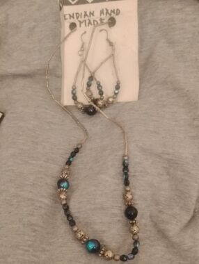 Handmade Native American Beaded Necklace Earring Set Sterling Bugle Beads Vtg
